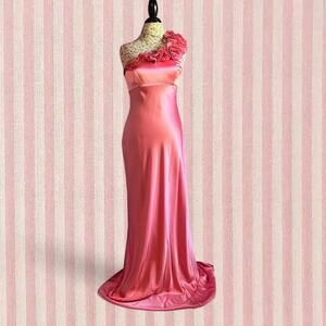 silk pink floor length dress with floral ruffles